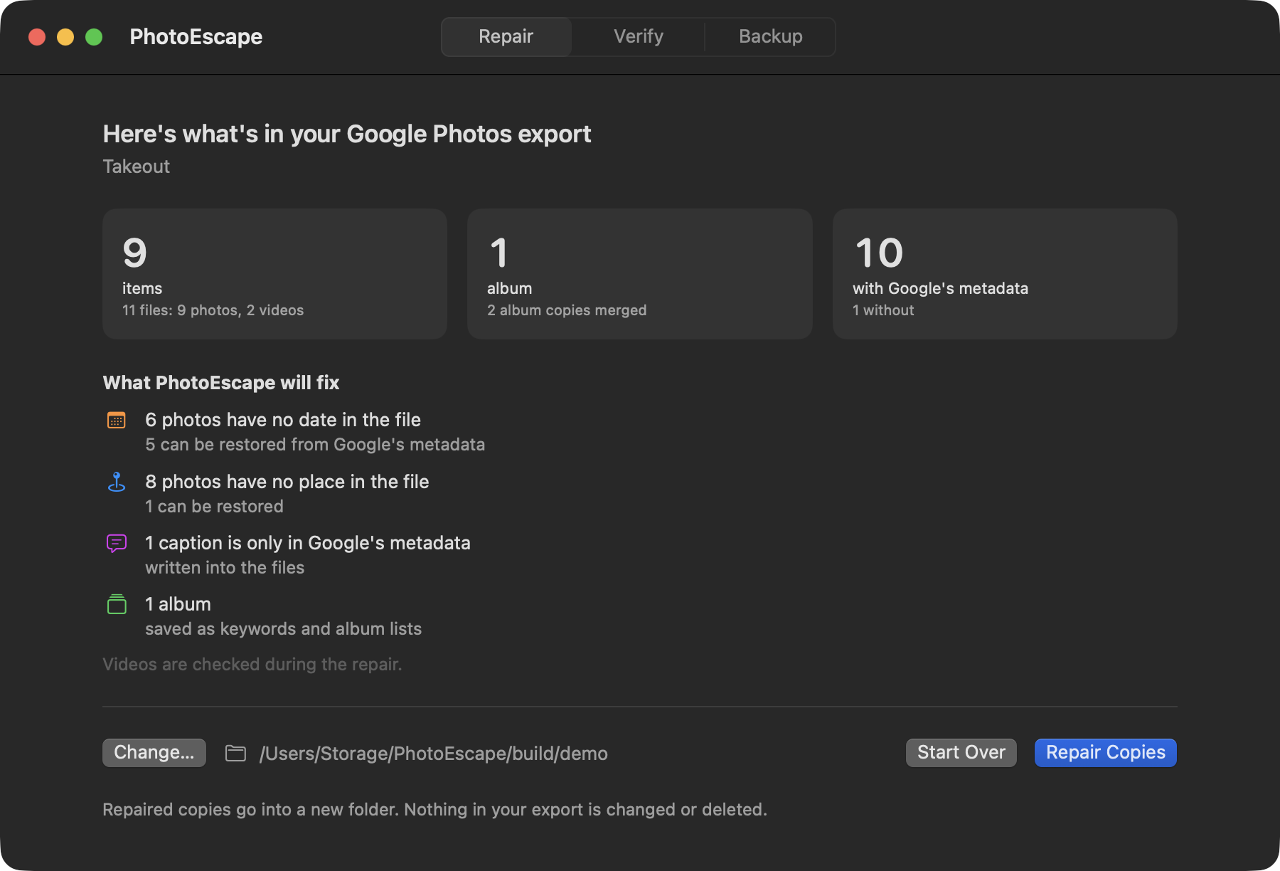 PhotoEscape repairing a Google Takeout export on macOS